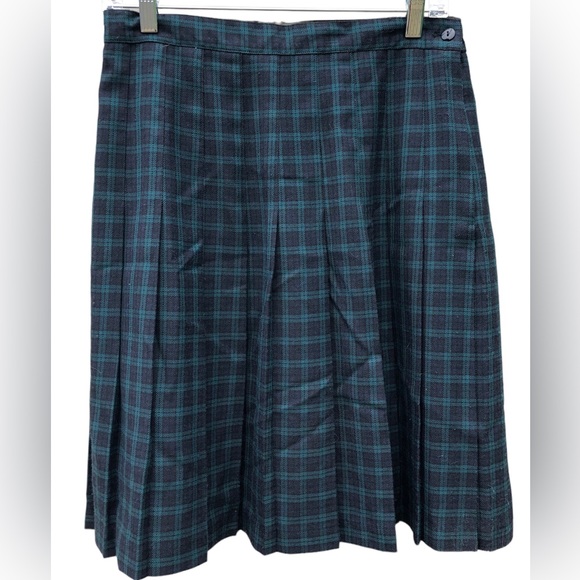 Vintage 90s REQUIREMENTS Tartan Skirt M Navy Blue Green Plaid High Waist Pleated - Picture 2 of 5